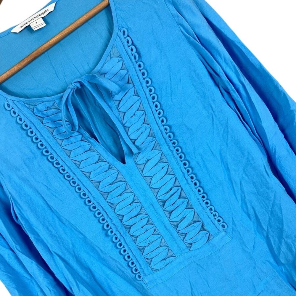 DIANE VON FURSTENBERG Women's 8 Blue Iliana Embellished Long‎ Sleeve Peasant Top